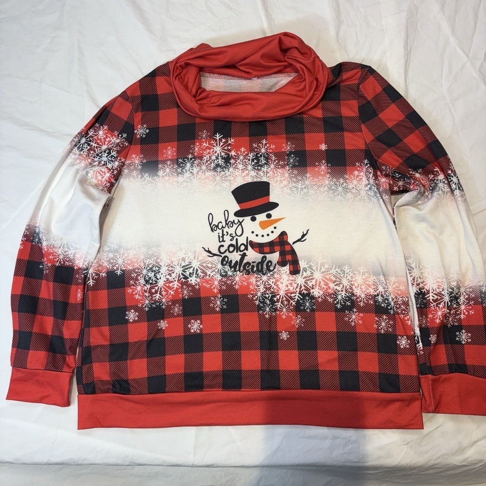 Holiday Winter Red Black‎ Plaid Check Snowman Hoodie Cowl Neck Ladies Lg